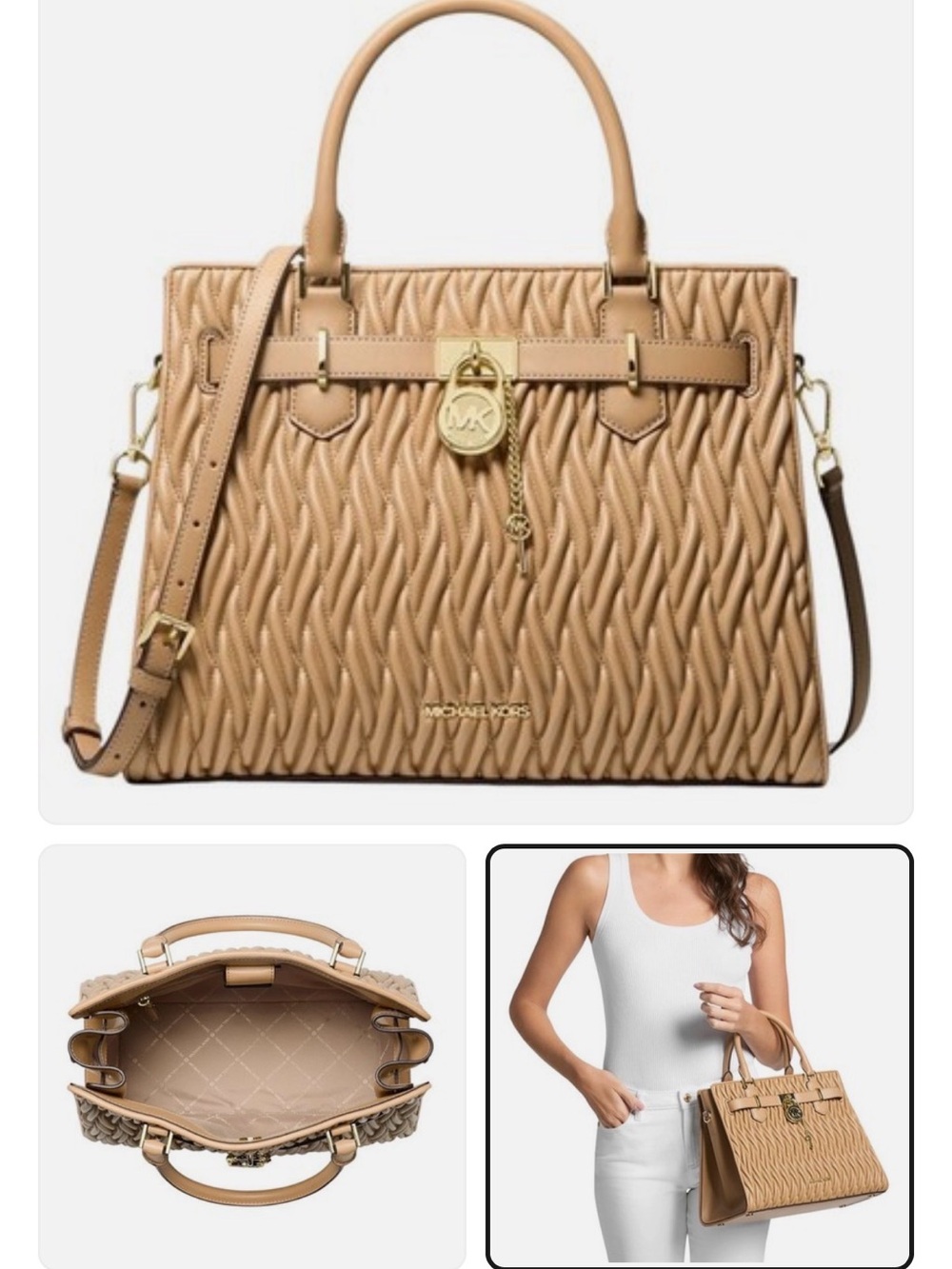 Michael Kors Quilted Wave Satchel in Tan